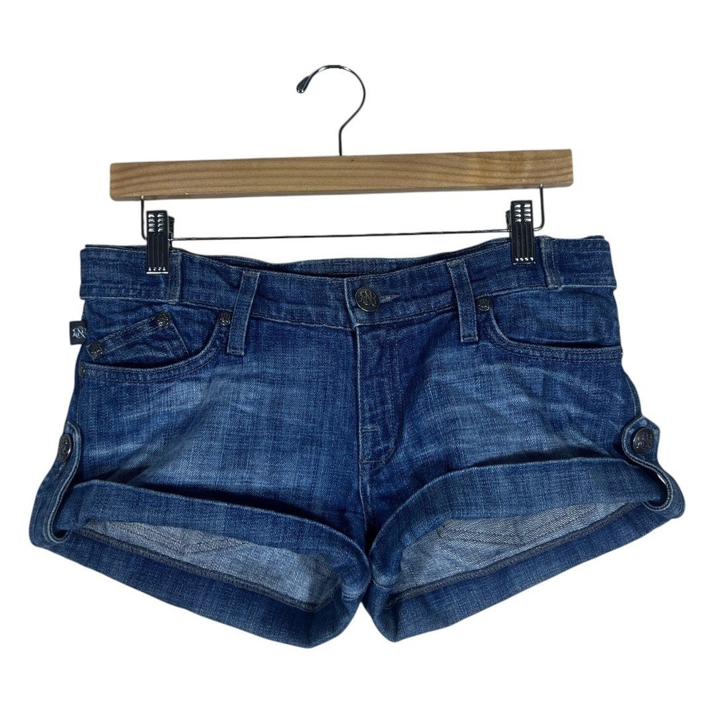 Rock & Republic Simon Solid Denim Shorts Blue Y2K Studded Logo Cuffed Size 27